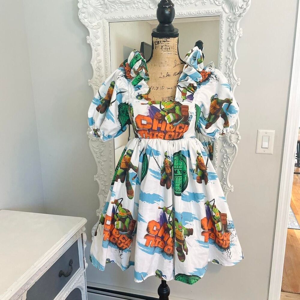 New York Couture Rework Teenage Mutant Ninja Turtles Puff Sleeve Dress